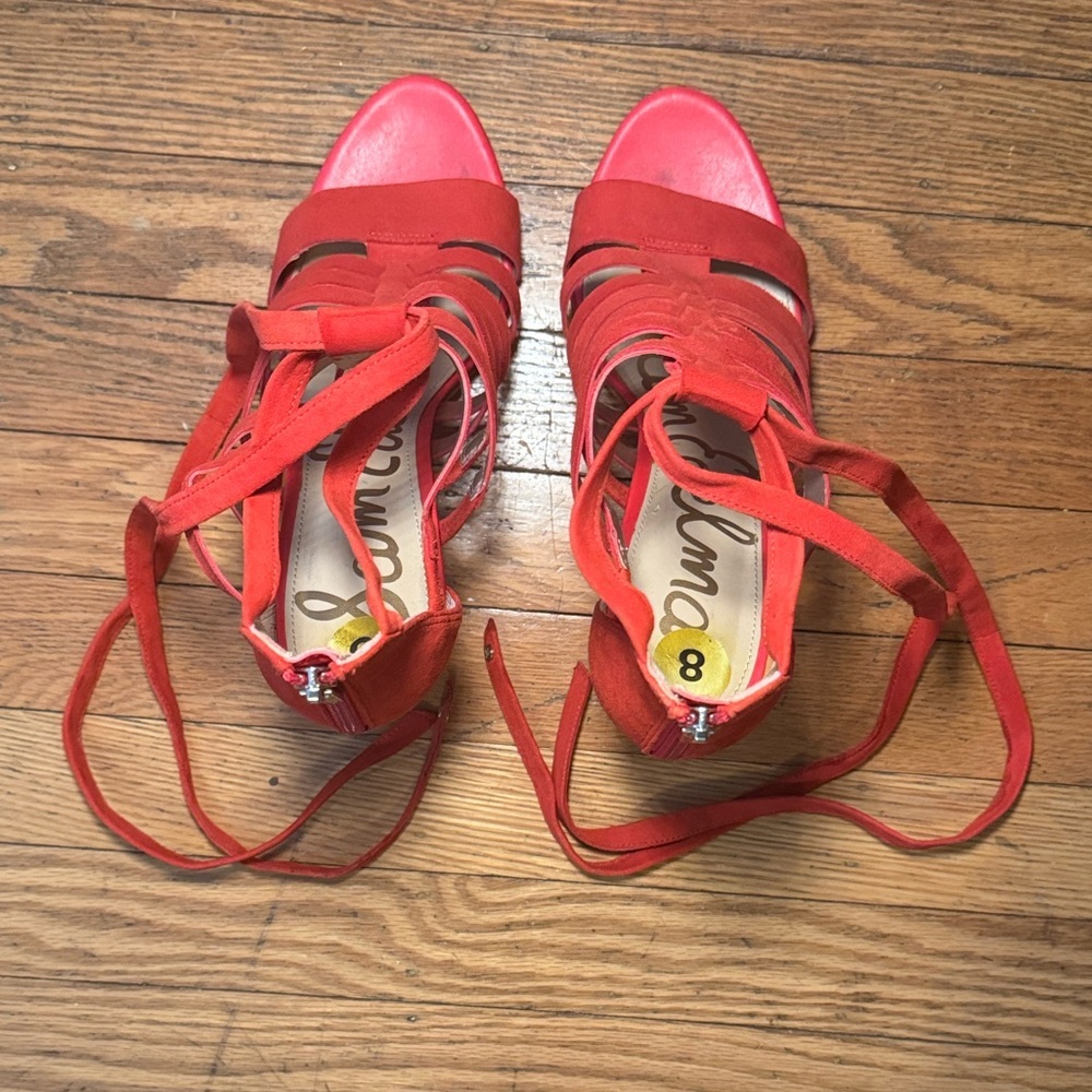 Gorgeous Sam Edelman Red Yarina Leather Chunky Heel Strappy Sandals Size 8 - Picture 5 of 11